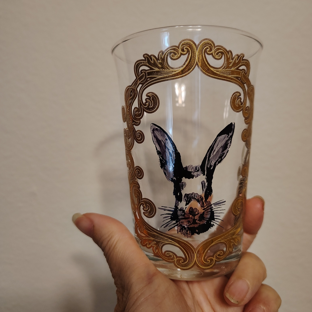 Anthropologie Gold Frame Rabbit Painted Glass Tumbler